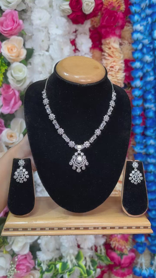 Silver AD/CZ American Diamond Necklace & Earring SetADS46