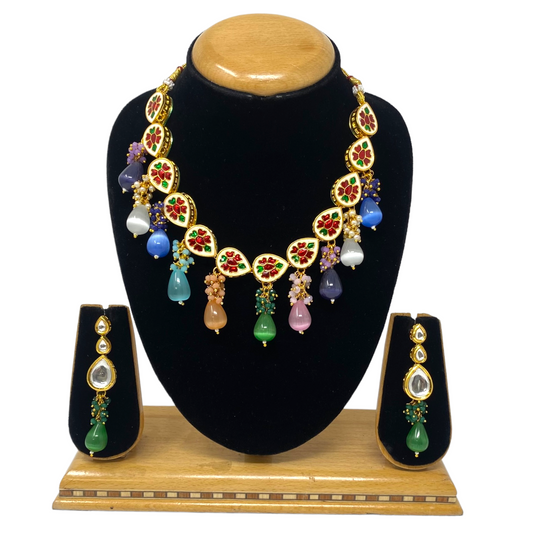 Big Single Line Kundan Set With Back Meenakari & Monalisa Stone Drops #KS12