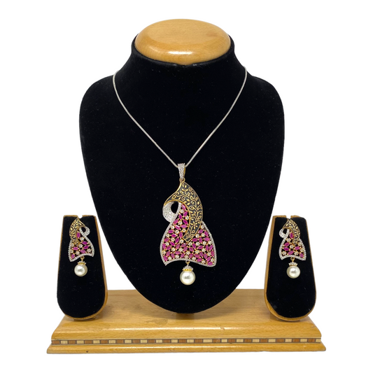 AD Gold Plated Premium Pendant Earrings Set With Ruby Stones #ADPE25
