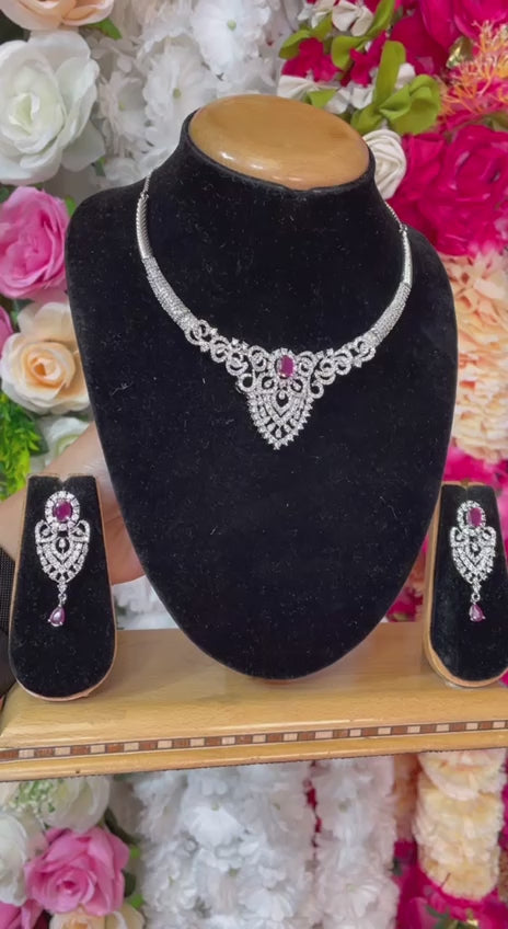 Silver Ruby AD/CZ American Diamond Necklace & Earring Set ADS58
