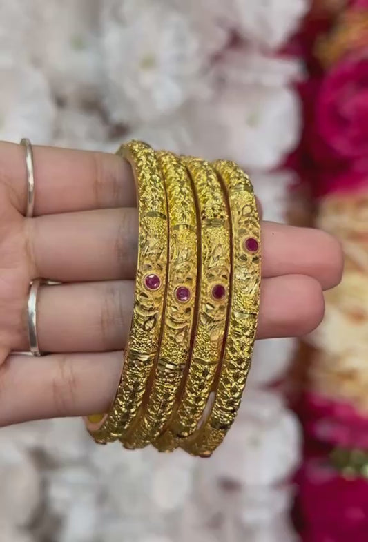 24k 1 Gram Gold Plated Hand Crafted With Ruby 4pc Bangles Set GB10