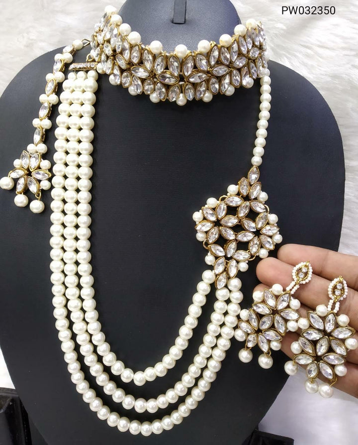 Indian Long Pearl Layered Pearl Mala Necklace Set LMS4 - Zenia Creations