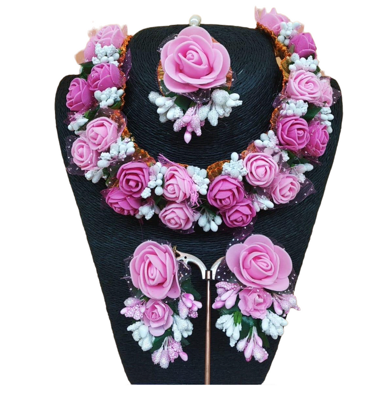 Indian Pink White Flower Gotta Necklace Earrings Mang Tikka Set Haldi Mehendi F2 - Zenia Creations