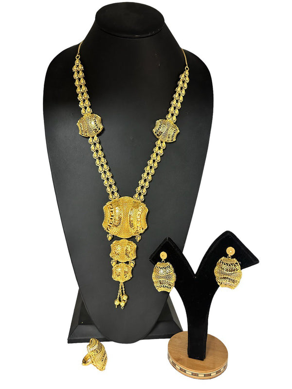 24k 1 Gram Gold Plated Long Necklace Earrings and Finger Ring Set 2968-1
