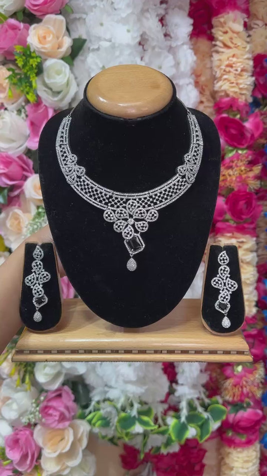 Silver With Black AD/CZ American Diamond Necklace & Earring Set ADS71