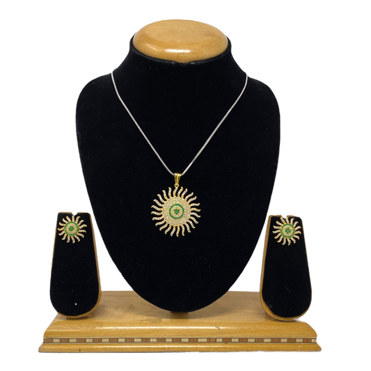 AD Gold Plated Pendant Earrings Set With American Diamond Emerald Stones #ADPE20