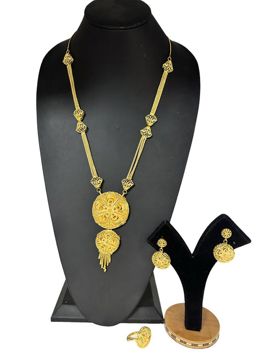 24k 1 Gram Gold Plated Long Necklace Earrings and Finger Ring Set 4084-5