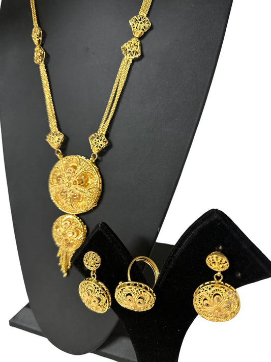 24k 1 Gram Gold Plated Long Necklace Earrings and Finger Ring Set 4084-5