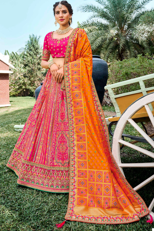 Fully Stitched Pink Orange Banarasi Silk Lehenga Choli Dupatta M4603