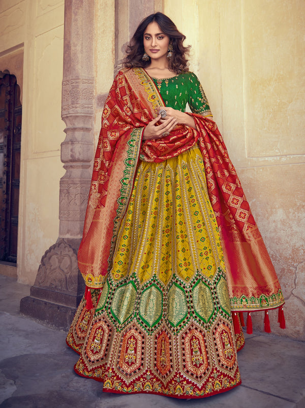 Fully Stitched Green Yellow Orange Banarasi Silk Lehenga Choli Dupatta M4909