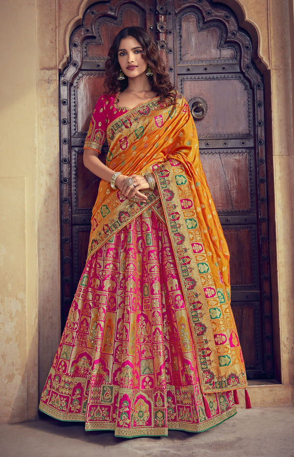 3 Pc Fully Stitched Hot Pink Orange Banarasi Silk Lehenga Choli with Dupatta M4912