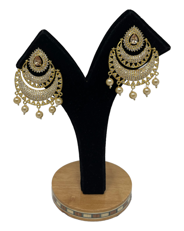 AD Gold Plated Earrings With American Diamond CZ Stones & Pearl Drops #ER11