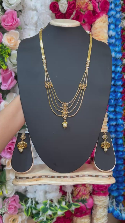 Gold Plated Reverse AD Polki Long Necklace And Earring Set RADL9