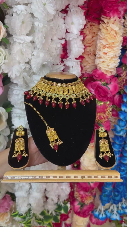 Gold Plated Reverse American Diamond And Meenakari Choker Necklace Jhumka And Mang Tikka Set #RADC5