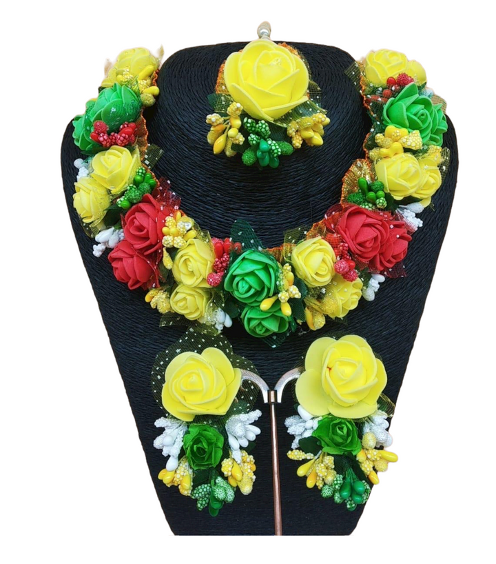 Indian Handmade Yellow Red Green Flower Floral Gotta Necklace Earrings Mang Tikka Set F6 - Zenia Creations