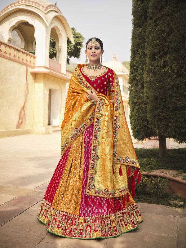 3 Pc Fully Stitched Pink, Red, Gold Orange Banarasi Silk Lehenga Choli with Dupatta M5001