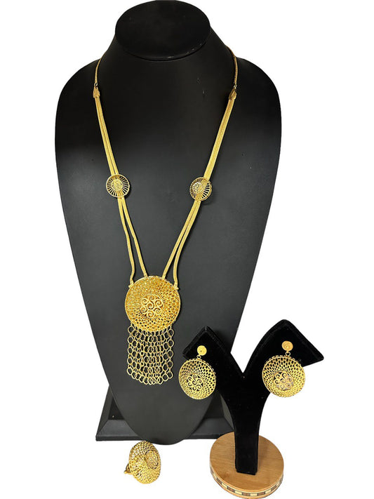 24k 1 Gram Gold Plated Long Necklace Earrings and Finger Ring Set 5017-1