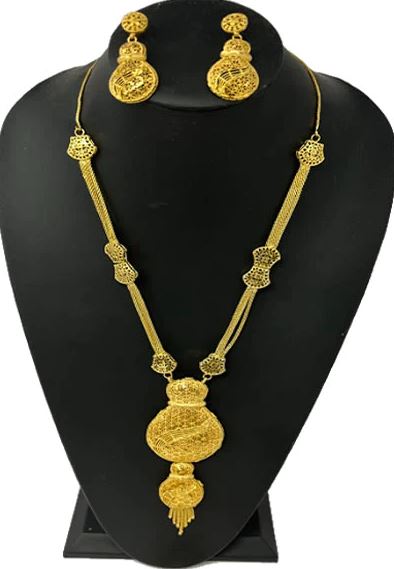 1 Gram 24k Gold Plated Long Necklace Earrings and Finger Ring Set 4084-1