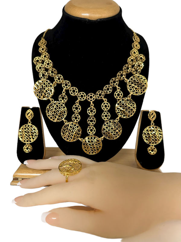 24k 1 Gram Gold Plated Necklace Earrings and Finger Ring Set Indian Jewelry #5669-2