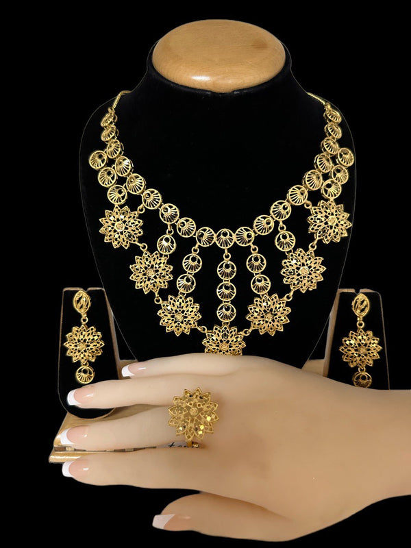 24k 1 Gram Gold Plated Necklace Earrings and Finger Ring Set Indian Jewelry #5669-3