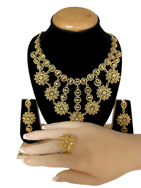 24k 1 Gram Gold Plated Necklace Earrings and Finger Ring Set Indian Jewelry #5669-3