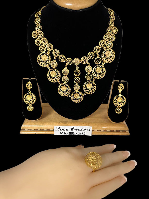 24k 1 Gram Gold Plated Necklace Earrings and Finger Ring Set Indian Jewelry #5669-4