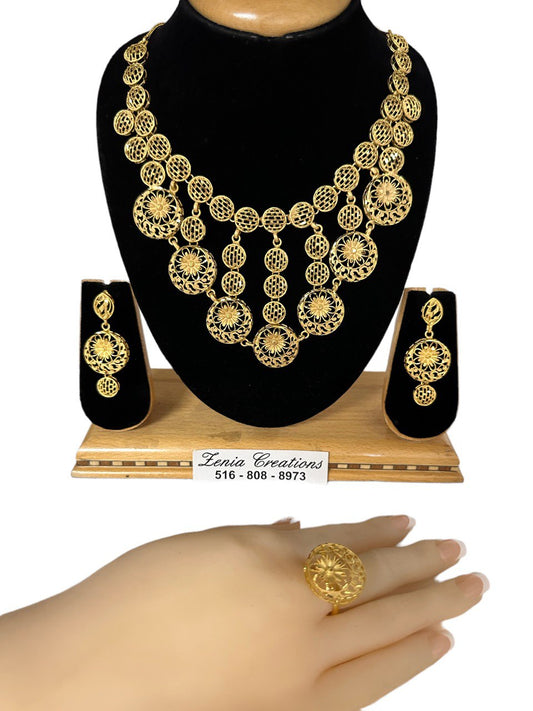 24k 1 Gram Gold Plated Necklace Earrings and Finger Ring Set Indian Jewelry #5669-4