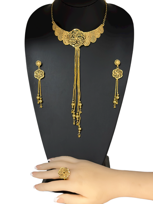 24k 1 Gram Gold Plated Necklace Earrings and Finger Ring Set Indian Jewelry #5850-1