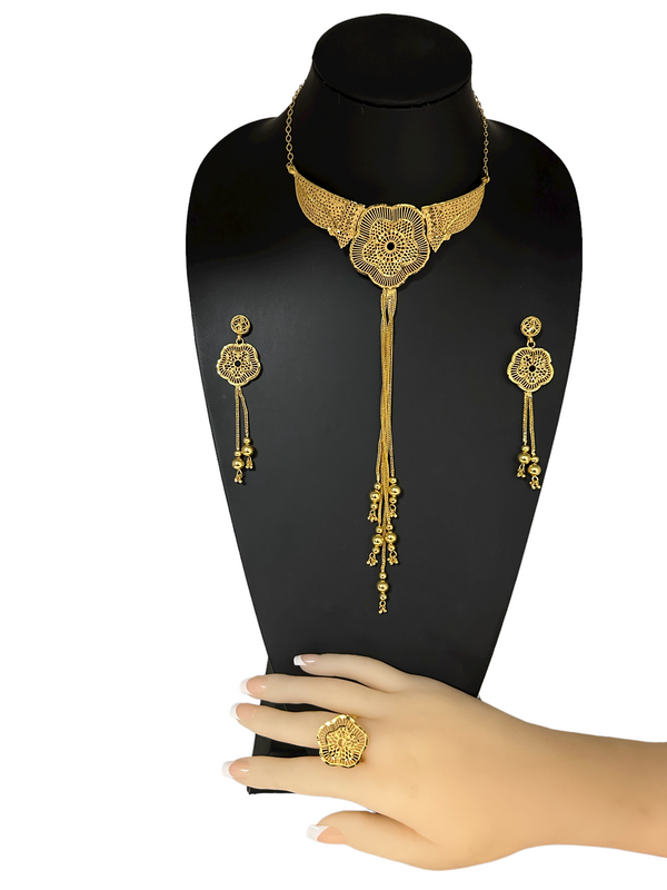 24k 1 Gram Gold Plated Necklace Earrings and Finger Ring Set Indian Jewelry #5850-2
