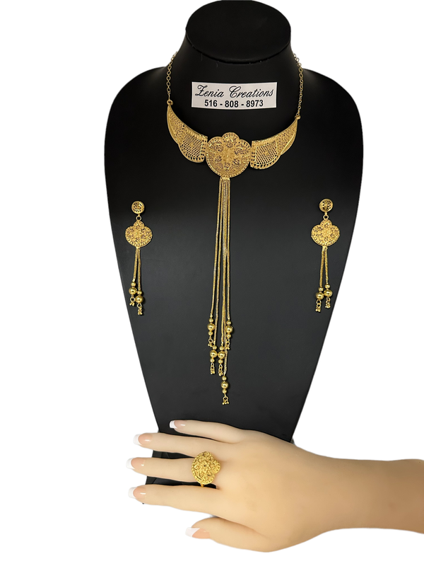 24k Gold 1 Gram Plated Necklace Earrings and Finger Ring Set Indian Jewelry #5850-4