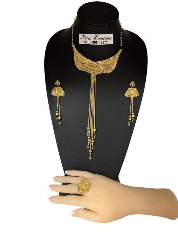 24k 1 Gram Gold Plated Necklace Earrings and Finger Ring Set Indian Jewelry #5850-5