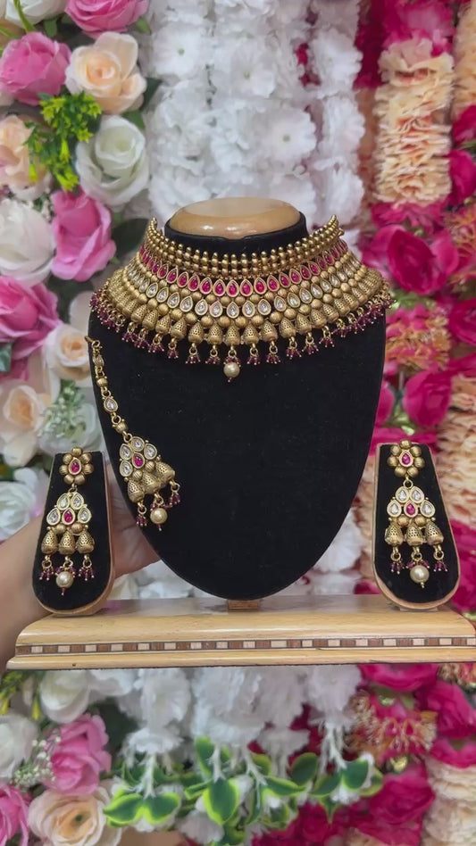 Bridal Rajwadi Finish Kundan With Ruby Choker Necklace, Earrings & Mang Tikka Set #RABC15