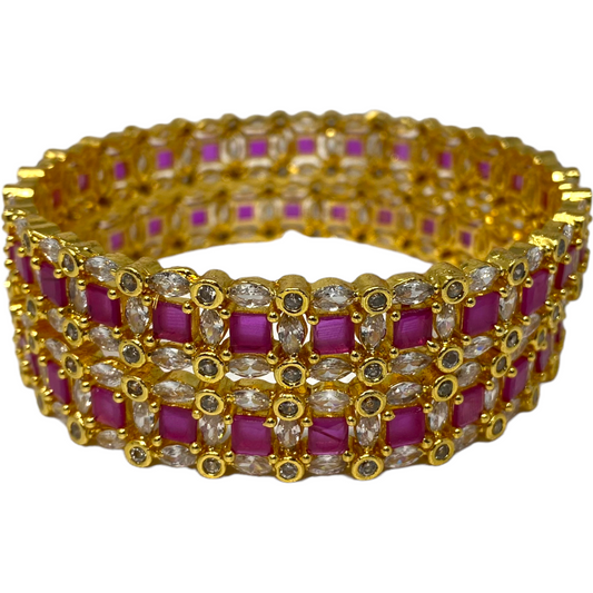 2pc Gold Plated With American Diamond CZ & Ruby Stones Bangles GD3