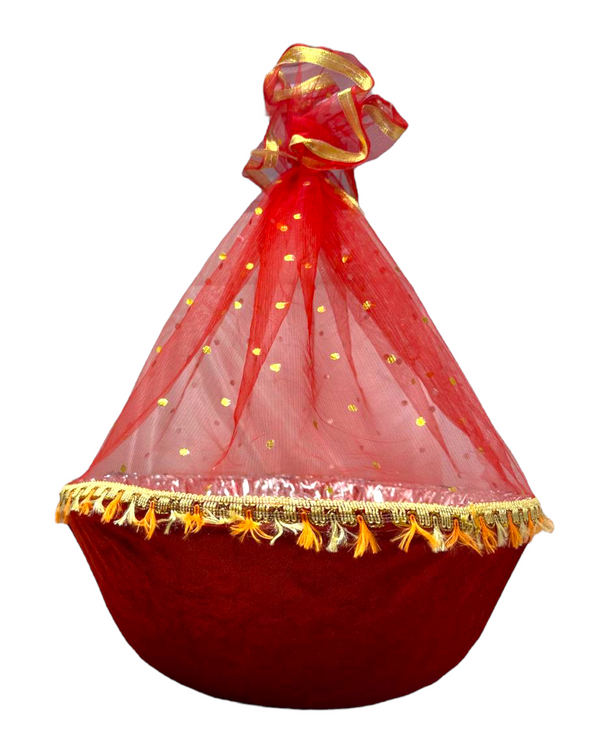 Large 16"x 9" x 4" Red Wedding Plastic Gift Basket with Velvet Weddings Haldi Mehndi