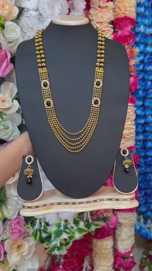 Gold Plated Reverse AD Polki Black Long Necklace And Earring Set RADL10