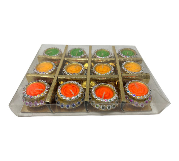 Fancy Colorful Clay Diya with Wax 12 pieces  for Diwali, poojas , weddings decorations #3