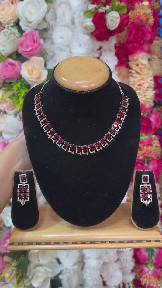 Victorian Black Red AD/CZ American Diamond Necklace & Earring Set ADS45