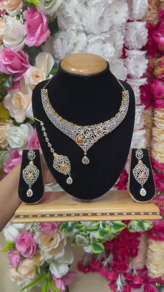 Gold Plated Dual Tone AD/CZ Necklace Earring & Mang Tikka Set ADS76