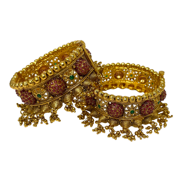 2pc Gold Plated Openable Kada Bracelet With Emerald & Ruby Stones #GPK14