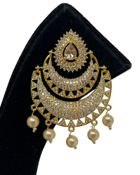 AD Gold Plated Earrings With American Diamond CZ Stones & Pearl Drops #ER11