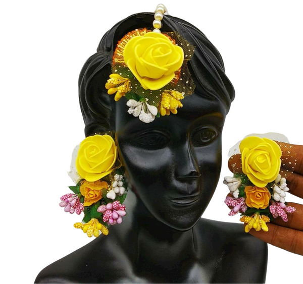 Indian Bridal Handmade Yellow Flower Floral Gotta Earrings And Mang Tikka Set ET1 - Zenia Creations