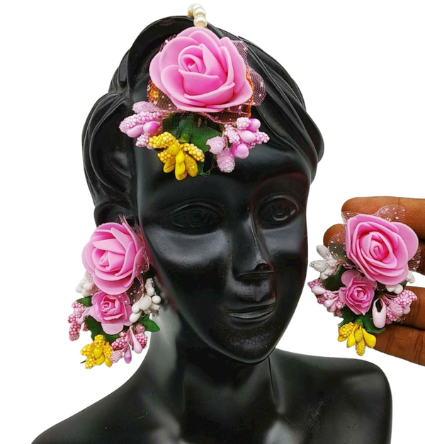 Indian Handmade Pink Flower Floral Gotta Earrings And Mang Tikka Set ET2 - Zenia Creations