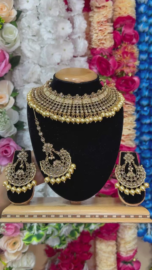 Bridal Gold Plated Polki Reverse AD Choker Necklace, Earrings & Mang Tikka Set #RABC9