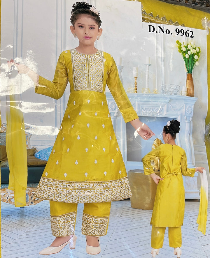 Kids Girls Indian Ethnic Party Wear Dress Yellow Kurti, Pants and Dupatta Z7 - Zenia Creations