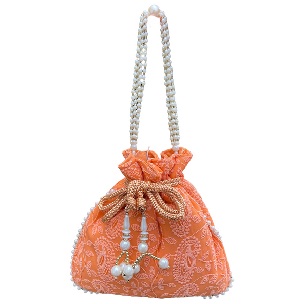 Lucknowi Cotton Hand Potli Bag Purse With Handwork And Tassels #HB19