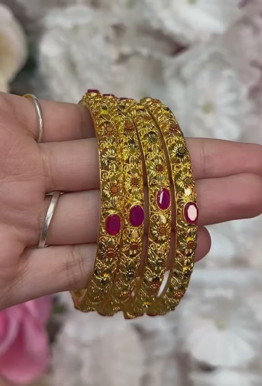 24k 1 Gram Gold Plated Hand Crafted With Ruby Stones 4pc Bangles Set GB5