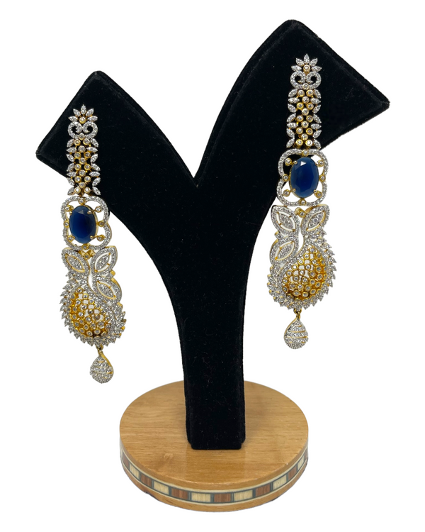 Gold Plated Statement Earrings With American Diamond CZ & Sapphire Stones #ER32