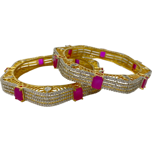 AD Gold Plated 2pc Bangles with American Diamond CZ & Ruby Stones GD7