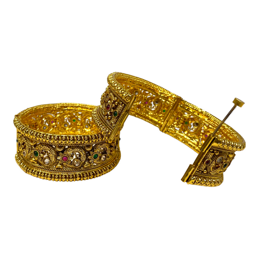 2pc Gold Plated Openable Kada Bracelet With Ruby & Emerald Stones #GPK6