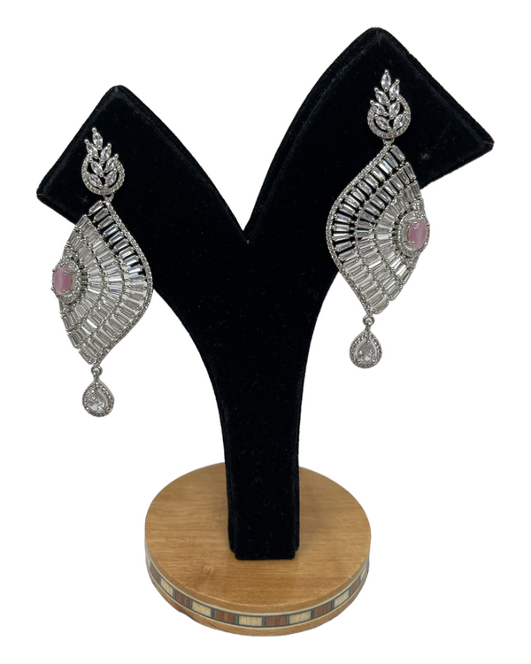 AD Silver Polish Earrings With American Diamond CZ, Baguette & Pink Stones #ER9